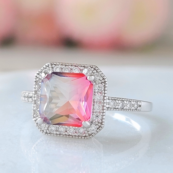 Emerald cut peach and pink gemstone ring, 925 Sterling Silver Charmed Aroma - Picture 3 of 4